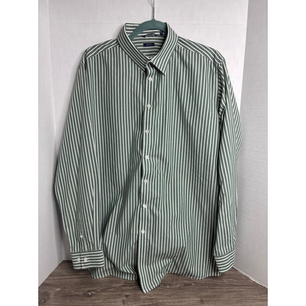 SAHARA Men's Long Sleeve Striped Green White Slim Fit Button Up Shirt XL Office